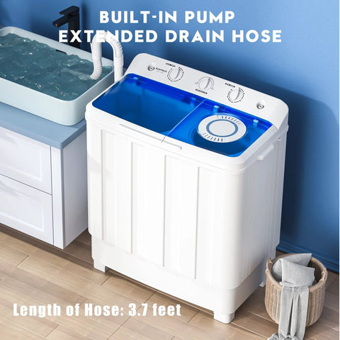 Auertech portable twin-tub washing machine, white with blue lid, front view showing top control knobs.