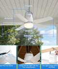 Outdoor Camping Ceiling Fan With Light And Remote, 20 Inch Portable Fan hanging from ceiling with strap on patio