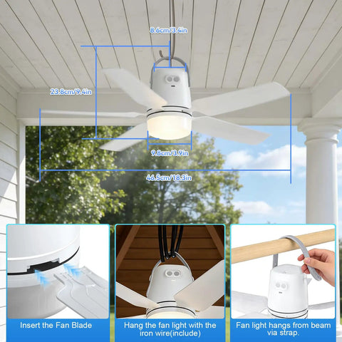 Outdoor Camping Ceiling Fan With Light And Remote, 20 Inch Portable Fan hanging from ceiling with strap on patio