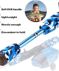 Close-up of blue Kids Fishing Pole Starter Kit With Tackle Box Reel Practice Plug Beginner Guide And Travel Bag 2 Pack handle and features.