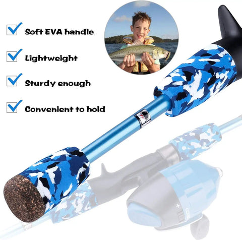 Close-up of blue Kids Fishing Pole Starter Kit With Tackle Box Reel Practice Plug Beginner Guide And Travel Bag 2 Pack handle and features.