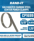 CP1699 Center Punch Clamp Five Eighths Inch Wide Zero Point Zero Two Five Inch Thick Four Inch Diameter Galvanized Carbon Steel Band Clamp Twenty Five Per Box For Quick Field Fixes