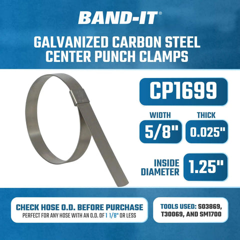 CP1699 Center Punch Clamp Five Eighths Inch Wide Zero Point Zero Two Five Inch Thick Four Inch Diameter Galvanized Carbon Steel Band Clamp Twenty Five Per Box For Quick Field Fixes
