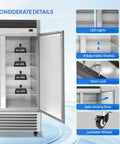 Heavy Duty 49 Cubic Foot Commercial Reach In Refrigerator Two Door Fridge Cooler showcasing adjustable wire shelves and LED lights.