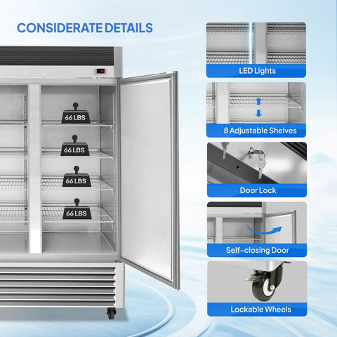 Heavy Duty 49 Cubic Foot Commercial Reach In Refrigerator Two Door Fridge Cooler showcasing adjustable wire shelves and LED lights.