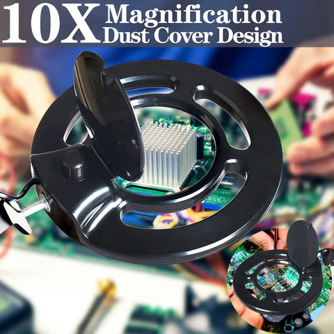 10X magnification view with dust cover of LED lamp clamp, ideal for electronics and DIY hobby repairs, close-up details visible.
