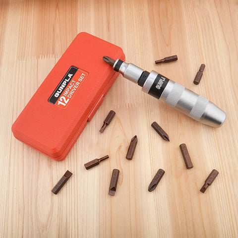 Industrial-Grade 14-Piece Impact Screwdriver Set With 40CR Alloy Steel Bits, Manual Impact Driver and case on wood surface
