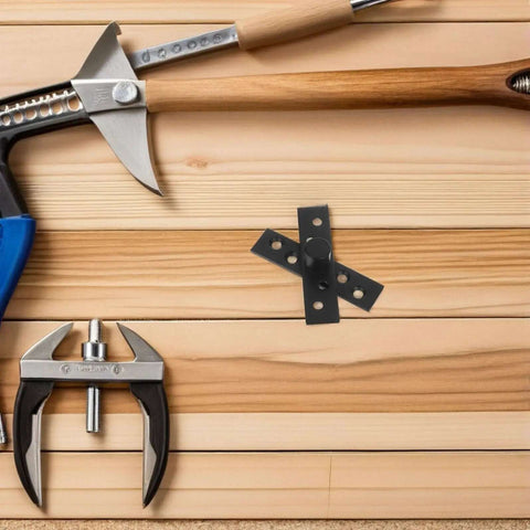 Beefy Heavy Duty Stainless Steel Concealed Pivot Door Hinges, 360 Degree Rotation, Hidden Cabinet Hardware With Black Center Shaft on wood surface