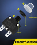 5 Pack Thermal Circuit Breaker Kit With 5A 10A 15A 20A 30A Ratings, 125 To 250V AC And 65V DC, Push Button Manual Reset Waterproof Auto Trip Overload Protector For Cars And Industrial Use 12-24V shown with waterproof button cap and nut