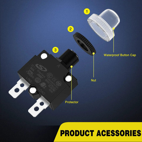 5 Pack Thermal Circuit Breaker Kit With 5A 10A 15A 20A 30A Ratings, 125 To 250V AC And 65V DC, Push Button Manual Reset Waterproof Auto Trip Overload Protector For Cars And Industrial Use 12-24V shown with waterproof button cap and nut