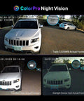 ColorPro 2K QHD Outdoor Camera With Daylight Clarity At Night Plug In PoE 127 Degree View Detects People Pets Vehicles Local And Cloud Storage Built In Siren For Real Alerts image comparing night vision footage of vehicles under various conditions