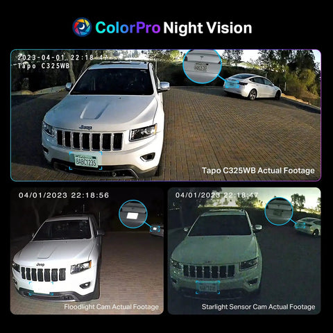 ColorPro 2K QHD Outdoor Camera With Daylight Clarity At Night Plug In PoE 127 Degree View Detects People Pets Vehicles Local And Cloud Storage Built In Siren For Real Alerts image comparing night vision footage of vehicles under various conditions