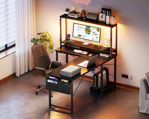 L Shaped Gaming Desk With LED Lighting And Built In Power Outlets, Reversible Corner Computer Table With Storage Shelves