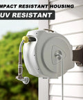 Heavy Duty Wall Mounted Garden Hose Reel With Auto Rewind, 100 Plus 6 Feet Hose on white wall, UV impact resistant housing