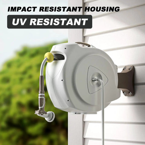 Heavy Duty Wall Mounted Garden Hose Reel With Auto Rewind, 100 Plus 6 Feet Hose on white wall, UV impact resistant housing