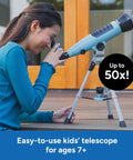 Beginner Kids Telescope For Astronomy With 10x To 50x Adjustable Magnification, Easy Setup For Stargazing And Planet Viewing, Kid Friendly Home Or Classroom STEM Gift For Ages 7 Plus, child using tabletop telescope