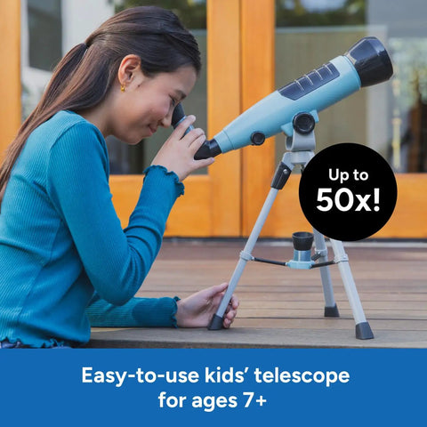 Beginner Kids Telescope For Astronomy With 10x To 50x Adjustable Magnification, Easy Setup For Stargazing And Planet Viewing, Kid Friendly Home Or Classroom STEM Gift For Ages 7 Plus, child using tabletop telescope