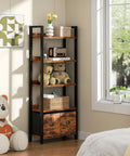 Badass Heavy Duty Five Tier Bookshelf With Deep Storage Drawers, Tall Industrial Wood Metal Display Rack, Rustic Brown Finish in a cozy corner with toys.