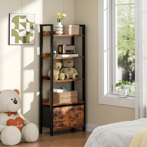 Badass Heavy Duty Five Tier Bookshelf With Deep Storage Drawers, Tall Industrial Wood Metal Display Rack, Rustic Brown Finish in a cozy corner with toys.