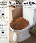 Round rusty metal Toilet Seat on standard toilet with adjustable hinges and installation accessories nearby.