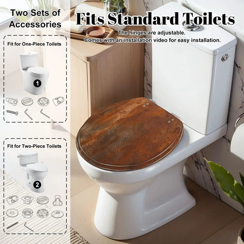 Round rusty metal Toilet Seat on standard toilet with adjustable hinges and installation accessories nearby.