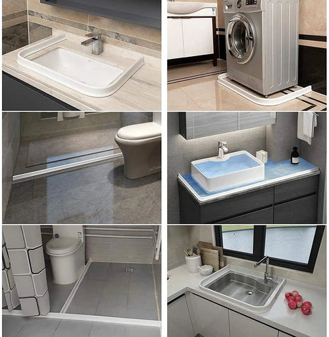 Multiple installations of Three Inch Tall Collapsible Shower Threshold Water Dam 59 Inch Long Water Splash Guard Barrier