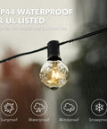 50ft Outdoor String Lights With 52 G40 Bulbs Incandescent Warm White 2200K Connectable And Dimmable IP44 Waterproof hanging outdoors