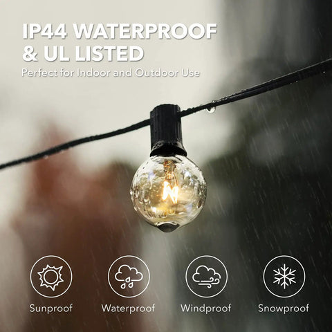 50ft Outdoor String Lights With 52 G40 Bulbs Incandescent Warm White 2200K Connectable And Dimmable IP44 Waterproof hanging outdoors