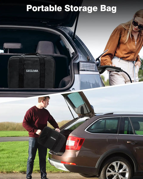 Portable Level 1 Plus Level 2 Electric Vehicle Charger Drops Straight Into Nema 6 20 Outlet And Blasts Out 16 Amp Fast Charge For J1772 Cars with bag in car trunk.