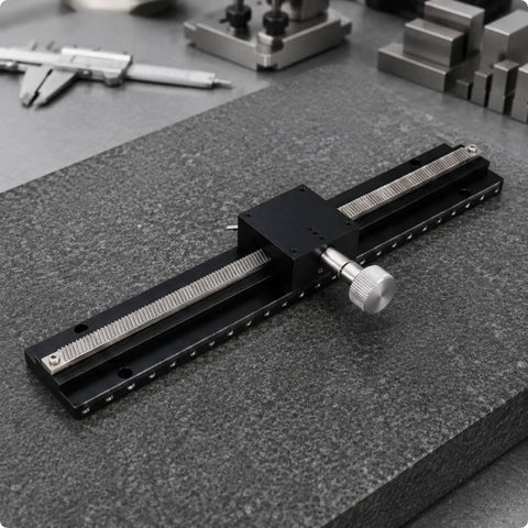 Pro Grade Linear Motion Dovetail Rail Stage Slide For Precise Alignment, 40x40 Table, 250mm Length, 25mm Travel, Dual 100mm Guides, 3kg Load, 0.06mm Parallelism, 210mm Stroke, Anodized Aluminum Body For Lightweight Rigidity on granite base