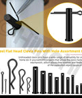 100 Piece Clevis Pins Kit With 10 Sizes M5 M6 M8 M10 M12 Plus Cotter Pins And Hair Pins, Zinc Plated Steel Flat Head Single Hole Clevis Pins displayed.