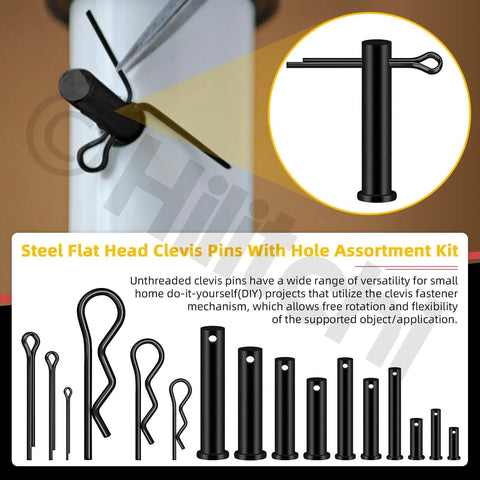 100 Piece Clevis Pins Kit With 10 Sizes M5 M6 M8 M10 M12 Plus Cotter Pins And Hair Pins, Zinc Plated Steel Flat Head Single Hole Clevis Pins displayed.