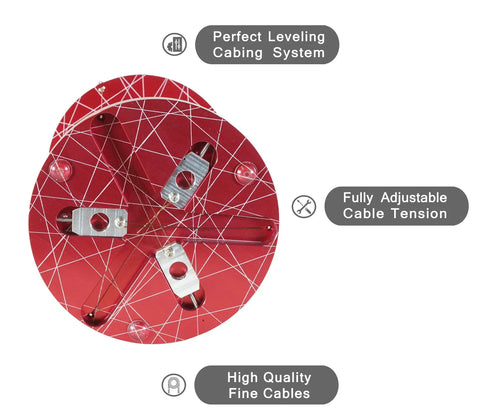 Top view of a red Floating Tensegrity Table showing CNC machined aluminum construction, with tension cables and adjustment points.