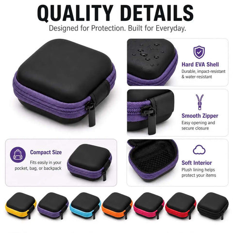 Slick Squared Eva Hard Shell Organizer Pouch For Earbuds Charging Cables Keys And Coins Hella Compact Travel Kit with black and purple zipper.