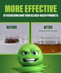 Green Gobbler drain clog dissolver product image; two-panel before/after showing hair clog in water and clear drain.