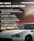 Car with text overlay highlighting benefits of Glass Crack Repair Fluid for Windshield Crack Repair Kit For Cars Small Chips And Cracks Fix DIY Auto Glass Filler Repair Tool Multifunctional Glass Repair Set With Star Shaped Cracks 3 Sets