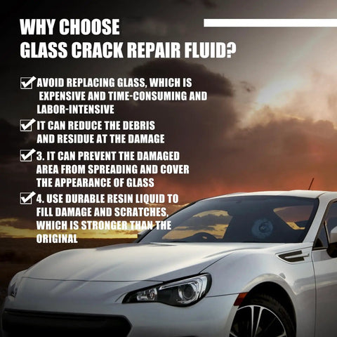 Car with text overlay highlighting benefits of Glass Crack Repair Fluid for Windshield Crack Repair Kit For Cars Small Chips And Cracks Fix DIY Auto Glass Filler Repair Tool Multifunctional Glass Repair Set With Star Shaped Cracks 3 Sets