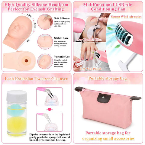 All In One Beginner Lash Extension Practice Kit With Mannequin Head Starter Lash Set Including 0.07D Lashes Glue USB Fan Nano Mister