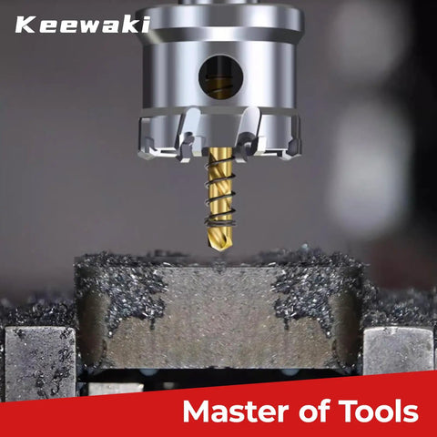 Heavy Duty Three Quarter Inch Hole Saw Kit With Two Piece Carbide Tipped Drill Bits cutting metal surface