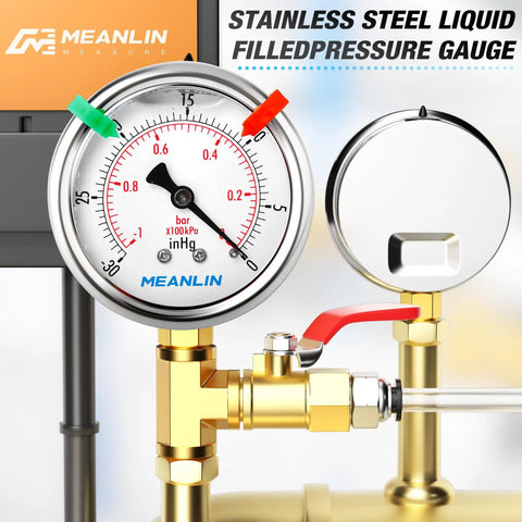 Tough As Nails Stainless Steel Liquid Filled Vacuum Gauge With 2.5 Inch Dial 1/8 NPT Connection Lower Mount -30 InHg To 0 Psi Range WOG Water Oil Air Snaps Included front view