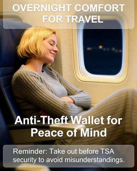 Person sleeping on airplane using Travel Money Belt With RFID Blocking And Sweat Proof Heavy Duty Buckle Anti Theft Waist Wallet Stash