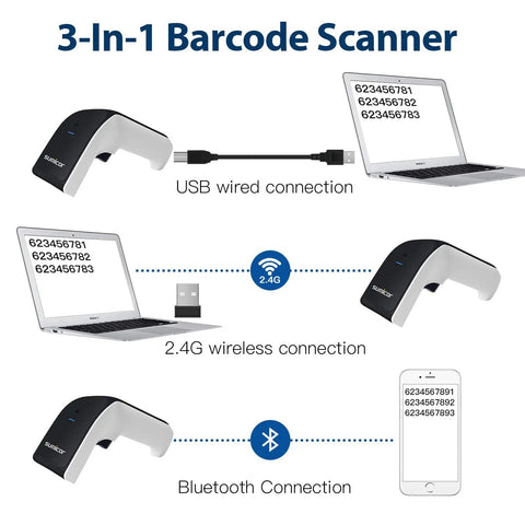Three In One 2D Barcode Scanner Handheld USB Wired 2.4G Wireless Bluetooth No Software Install Needed Windows Mac QR PDF417 1D