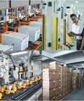 Factory machinery assembly line, workers discussing next to machines, robotic arms, and stacked boxes in warehouse