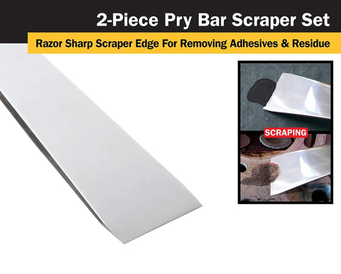 Close-up of Two Piece Stainless Steel Pry Bar Scraper Set With Nail Puller And Angled Scraper Edge For Prying Walls Moldings Tiles.
