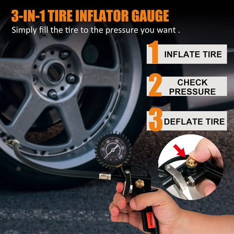 22 Piece Garage Ready Air Compressor Accessories Kit With 25 Ft Hybrid Hose Three Eighths Inch Diameter And One Quarter Inch NPT Quick Connect Fittings Tire Inflator Gauge