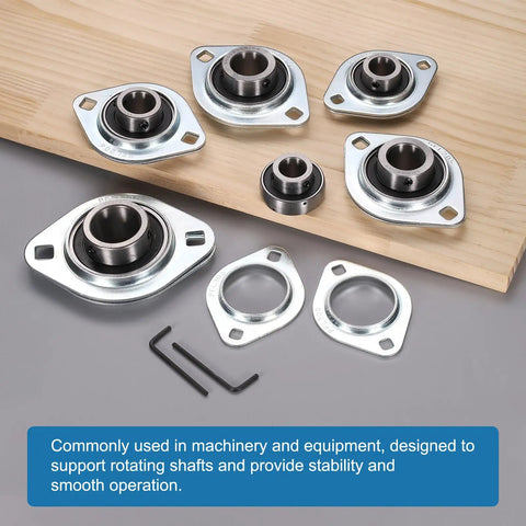 Assorted Two Pack Pillow Block Bearings with Five Eighth Inch Bore Flange Mounted Housing and Wrench, ideal for machinery setups.