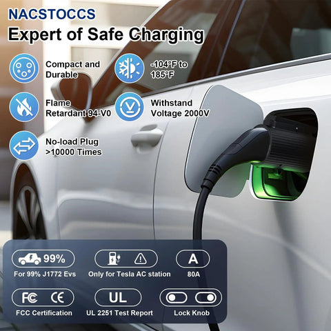 Nacs To J1772 Ev Charger Adapter With 80 Amp Dope Quick Swap Pins and Sealed IP55 Weather Cover for safe high-speed electric charging.