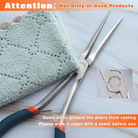 Image of 7 inch long needle nose pliers with smooth jaws and anti-slip handles next to a cleaning cloth on a table.