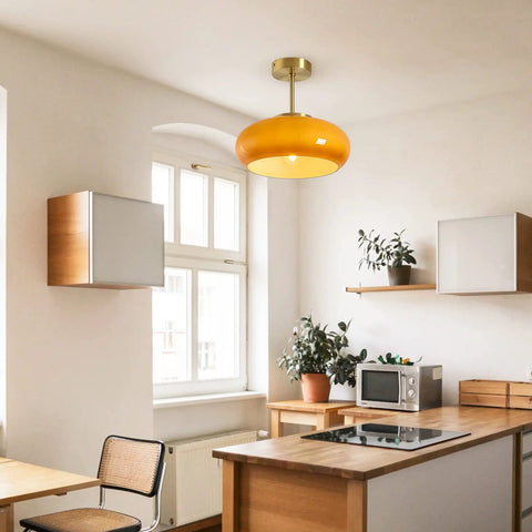 Mid Century Semi Flush Mount Ceiling Light With Glass Shade, Modern Hallway Fixture For Entryway And Kitchen, Orange Finish, Bulb Included, UL Listed Sconce Style Ceiling Lamp For A Room-Ready Vibe, in a kitchen setting