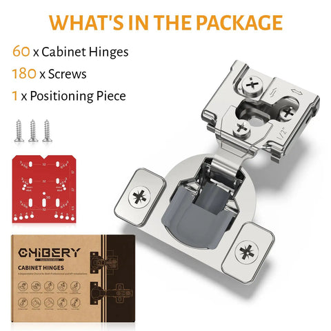 60 Pack 1/2 Inch Overlay Soft Close Concealed Hinges For Face Frame Kitchen Cabinets with screws and positioning piece.